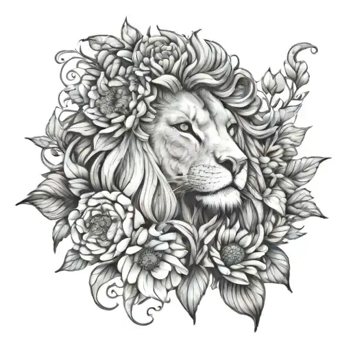 Feminine Lion With Carnations Sunflowers And Daisies