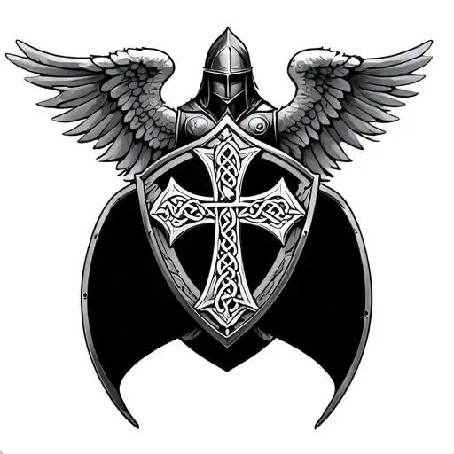 Greyscale Knights Templar With Angel Wings And Celtic Cross On Shield