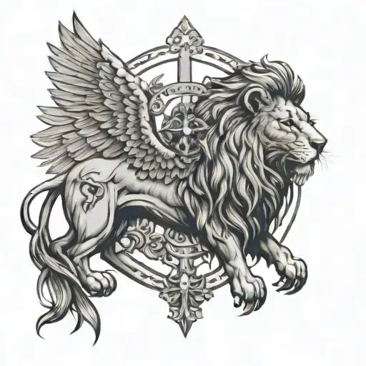A Lion With A Cross In The Center And An Eagle
