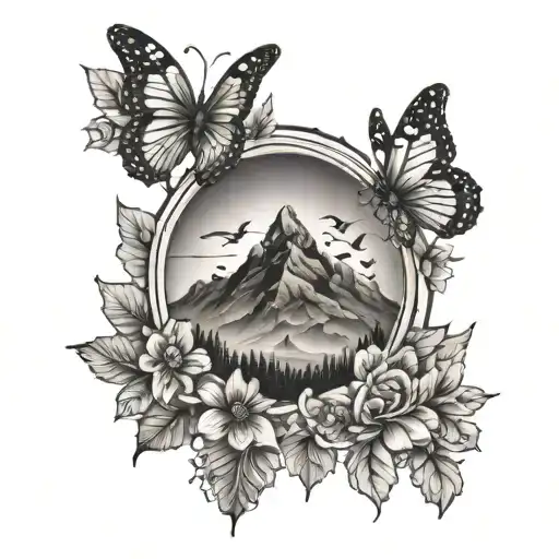 Mandala With Butterflies And Flowers And Mountain