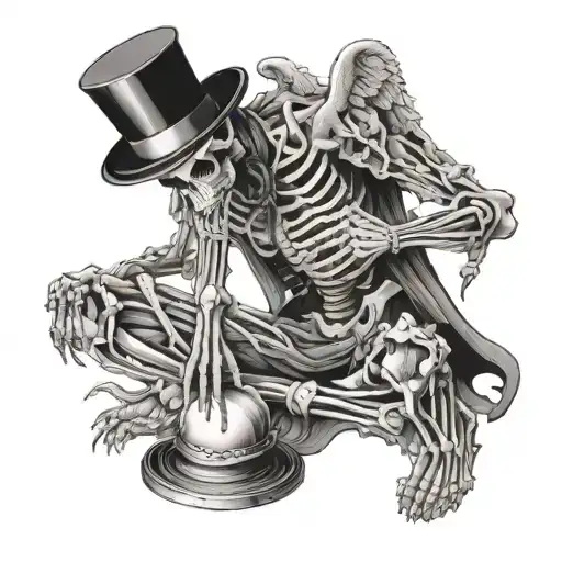 Skeleton Kneeling Praying On Floor Wearing A Top Hat With Angel Eings Drooping