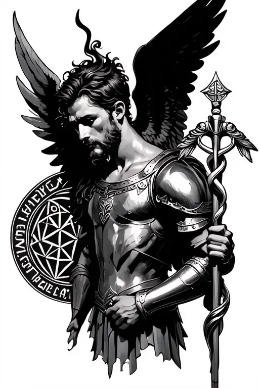 A Male Angel In Greek Armor Holding A Caduceus Staff With Sacred Geometry In The Back And Script