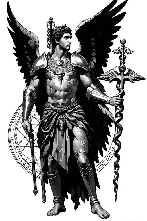 A Male Angel In Greek Armor Holding A Caduceus Staff With Sacred Geometry In The Back And Script