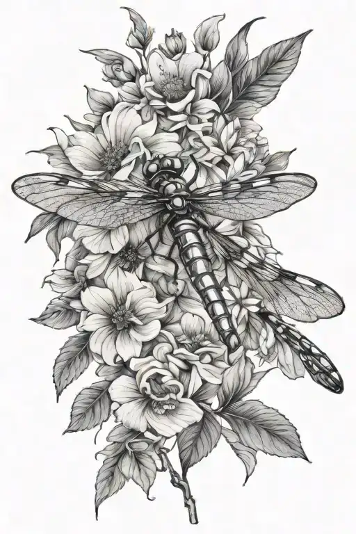 Dragonfly And Flowers Coming