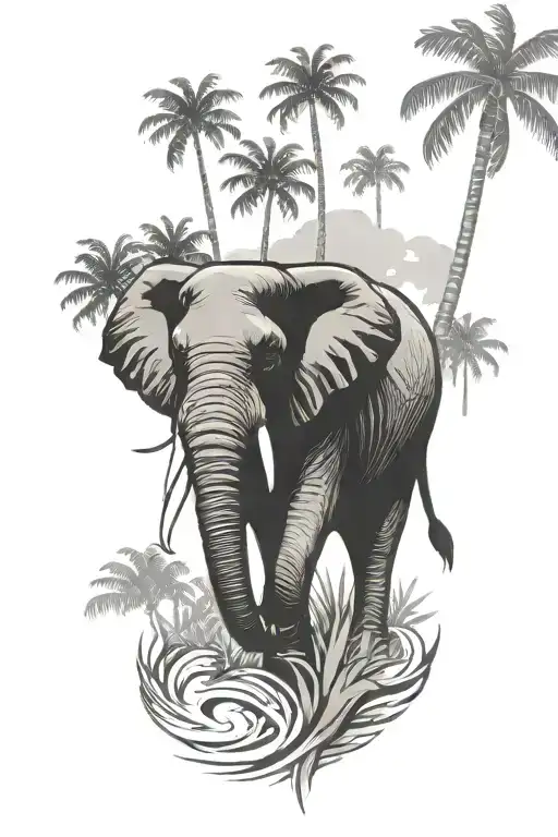 Elephant With Puerto Rico Flag And Palm Trees