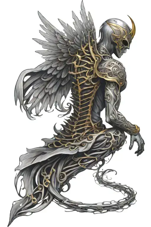 Broken Spine With Light And Dark Angels Sewing Spine Back Together With Golden Thread