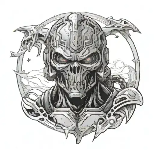 A Detailed Black And Grey Portrait Of The Main Character From The Classic Doom Video Game