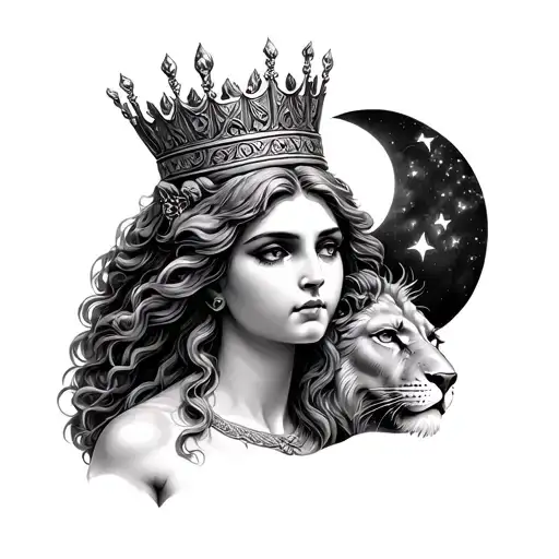 Realism Black & Grey Rhea Greek Goddess Of Motherhood Wearing Crown With Lion And Moon
