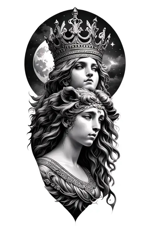 Realism Black & Grey Rhea Greek Goddess Of Motherhood Wearing Crown With Lion And Moon