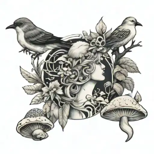 Mother Nature With Mushrooms Birds