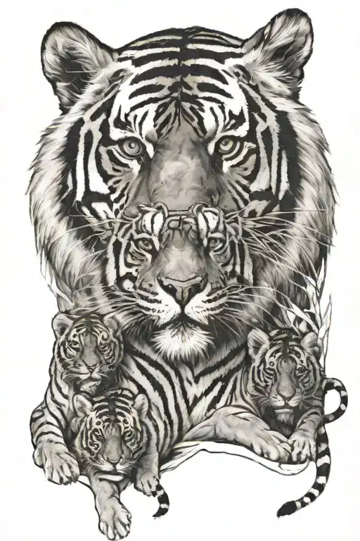 Mother Tiger And 6 Cubs