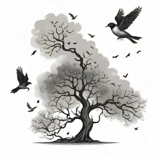 Tree With Birds Flying Cloud Shaped Like
