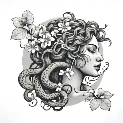 Medusa With Snakes And Cherry Blossoms Around Her Head