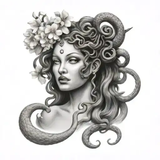 Medusa Looking Straight With Snakes And Cherry Blossoms Around Her Head