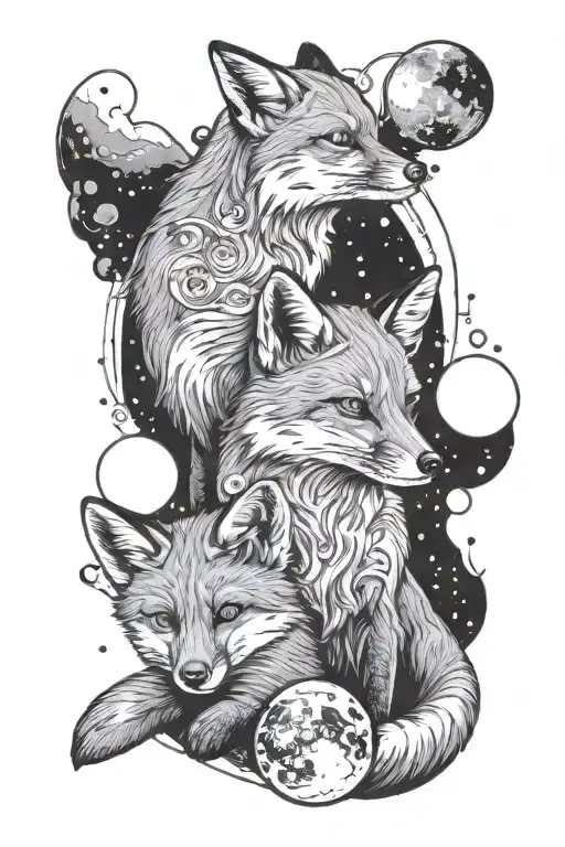 A Fox Sitting With 2 Baby Fox Looking At The Moon Phases