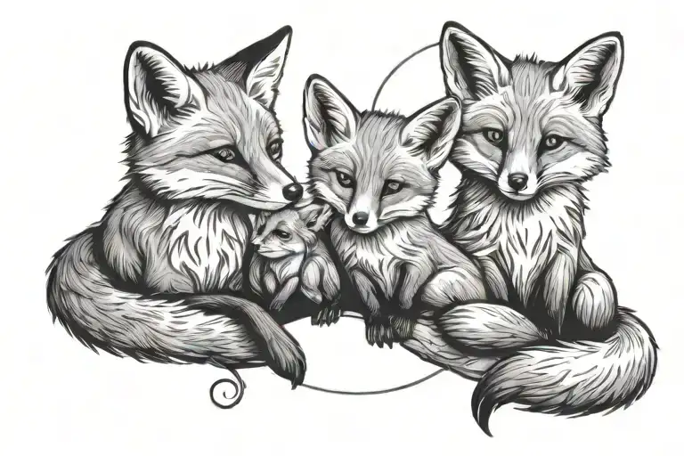 A Fox Sitting With 2 Baby Fox Looking At The Moon