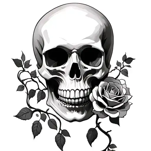 Skull With A Rose In Its Mouth With Vines Growing
