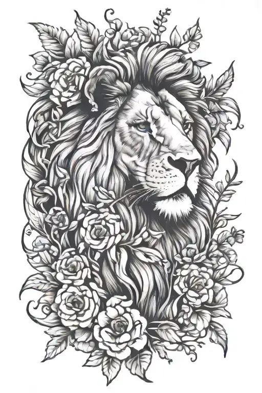 Lion In A Field Of Flowers Growing