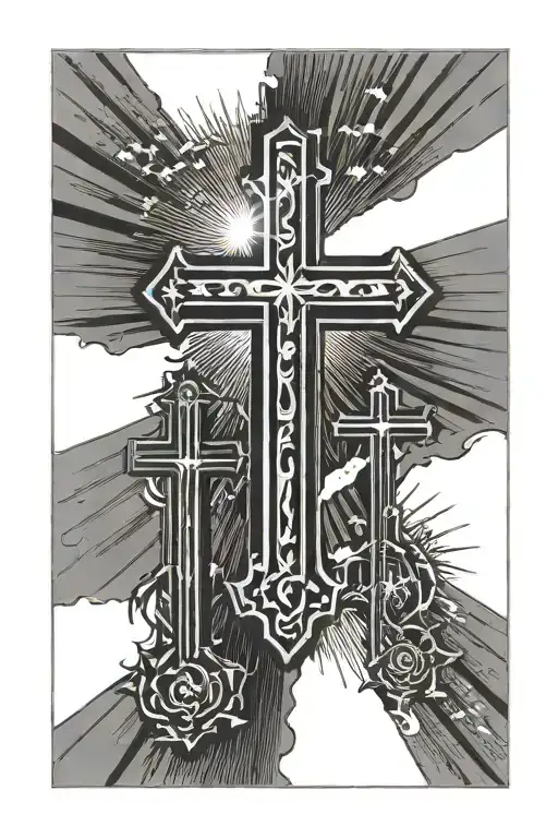 Three Crosses With Rays Of Sunshine In The Background