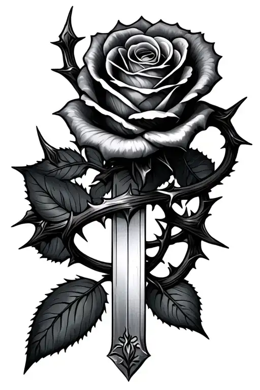 Blade And Rose With Thorns Wrapped Around The Blade