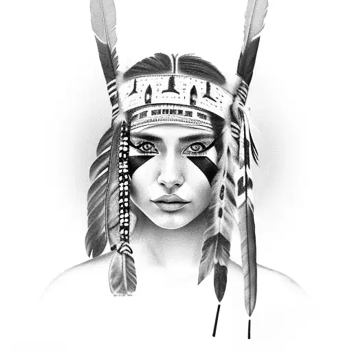 Attractive Native American Young Woman With Warpaint And A Headress
