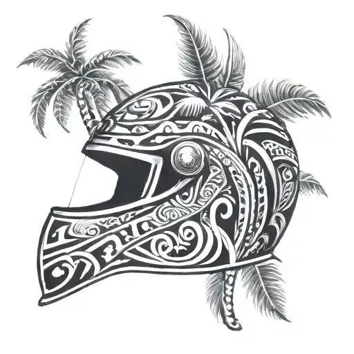 An Intricate Design Of A Racing Helmet Adorned With Tribal Motifs And Florida Palm Trees