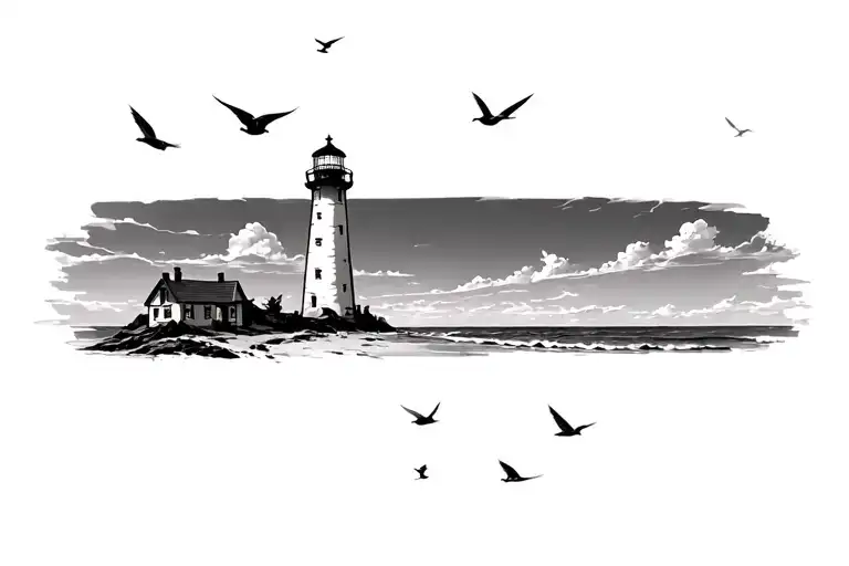 Lighthouse On The Beach With Birds In The Air