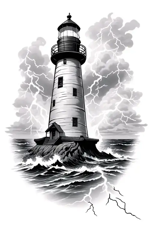 Flaming Lighthouse With Lightning Striking