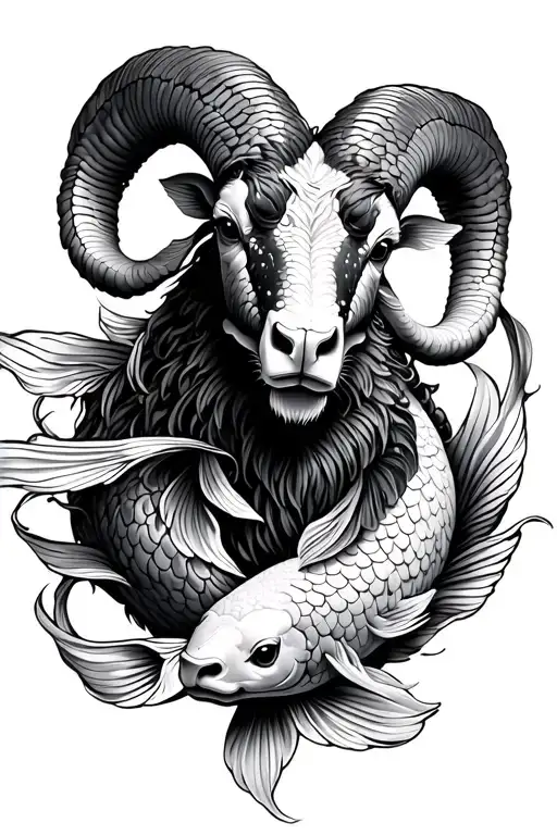 Ram With 2 Koi Fish Circling The Ram