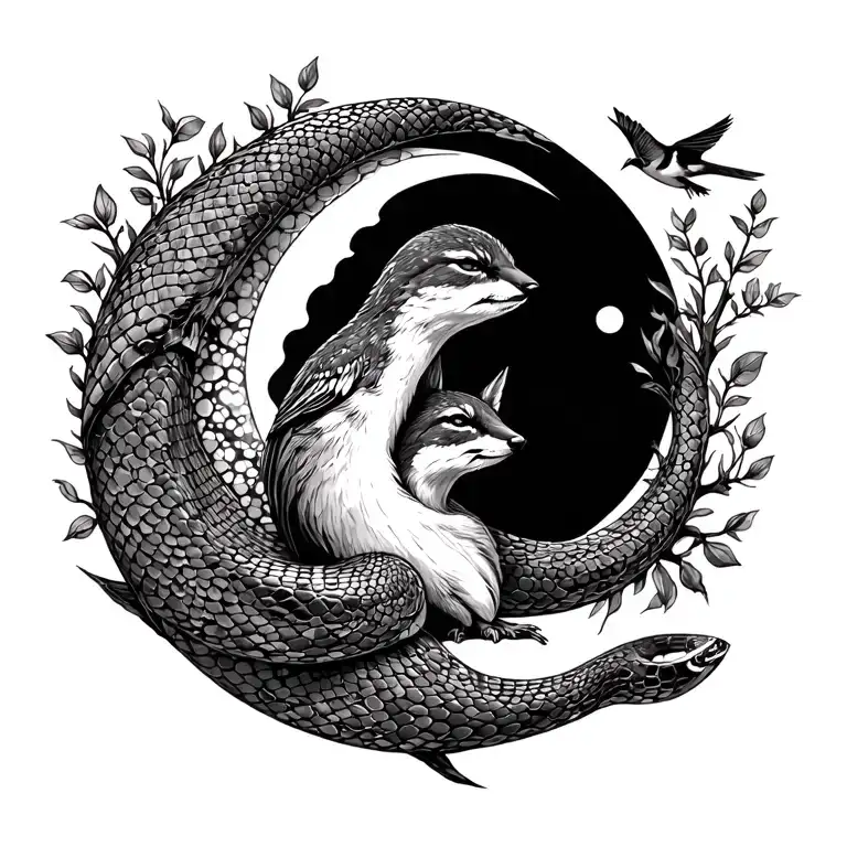 Snake Unalome Sleeping Fox Tree Sparrow Crescent Moon Surrounded