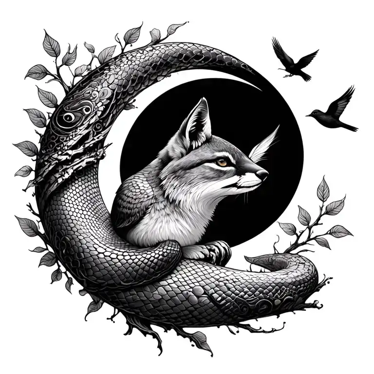 Snake Unalome Sleeping Fox Tree Sparrow Crescent Moon Surrounded