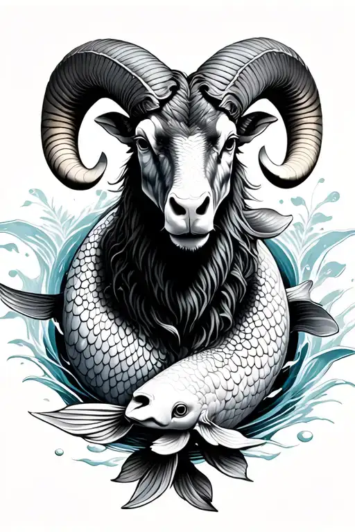 Ram With 2 Koi Fish Circling The Ram Water Background