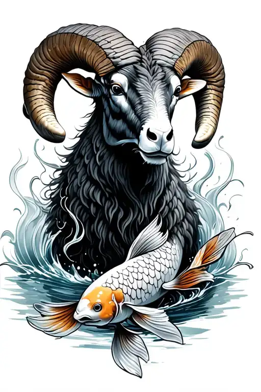 Ram With 2 Koi Fish Circling The Ram Water Background