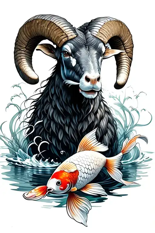 Ram With 2 Koi Fish Circling The Ram Water Background