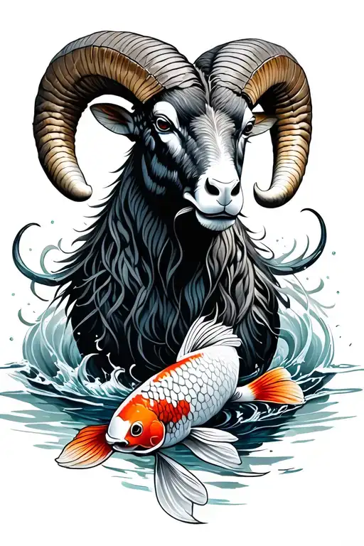 Ram With 2 Koi Fish Circling The Ram Water Background