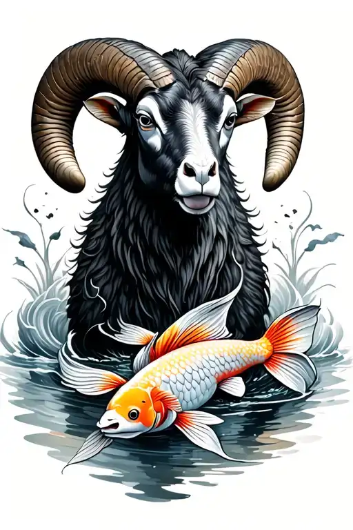 Ram With 2 Koi Fish Circling The Ram Water Background