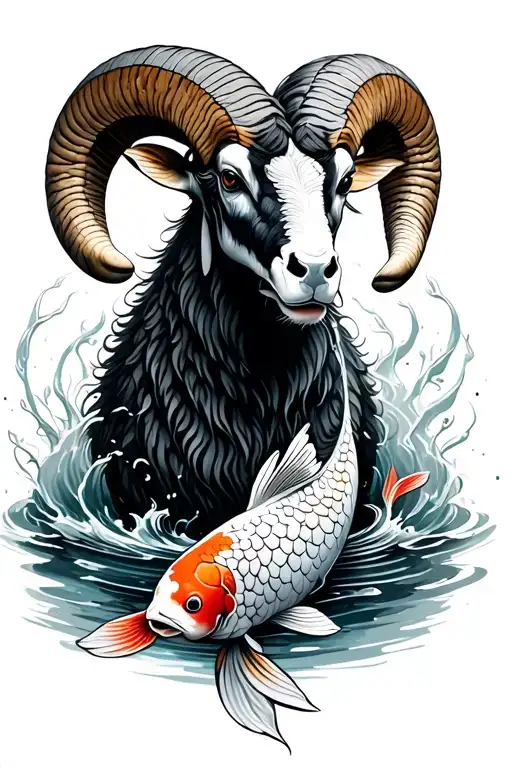 Ram With 2 Koi Fish Circling The Ram Water Background