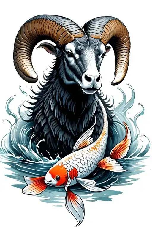 Ram With 2 Koi Fish Circling The Ram Water Background