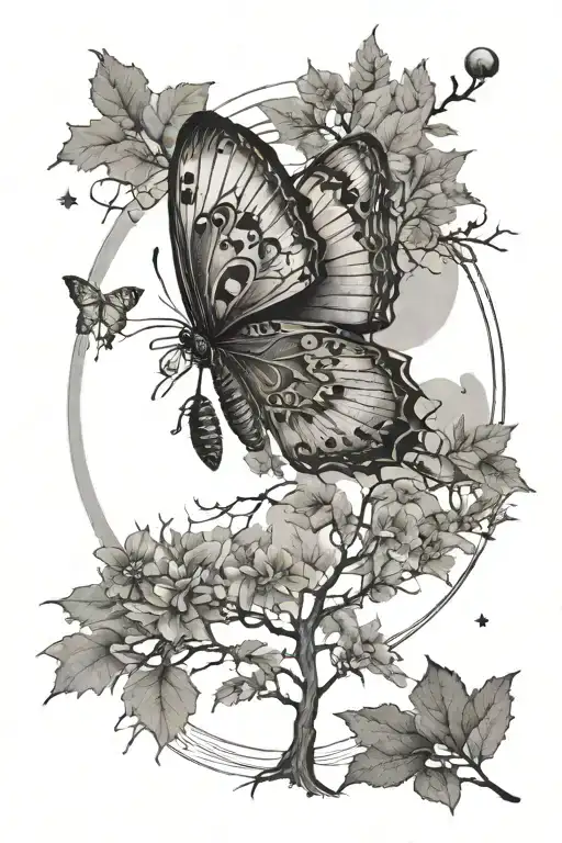 Butterfly With Trees And The Moon Surrounded