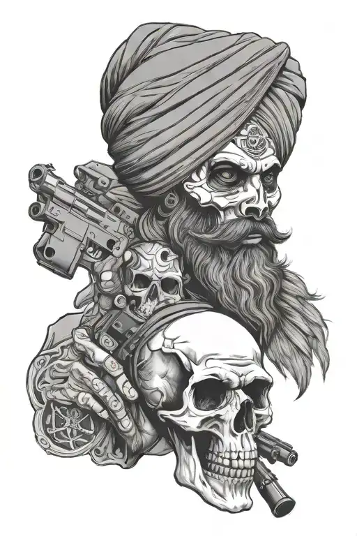 Sikh Skull Wearing Turban Holding A Gun