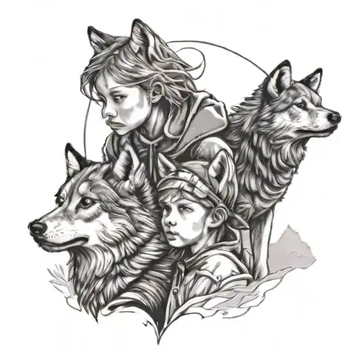 2 Children Accompanied By A Wolf With Mountain