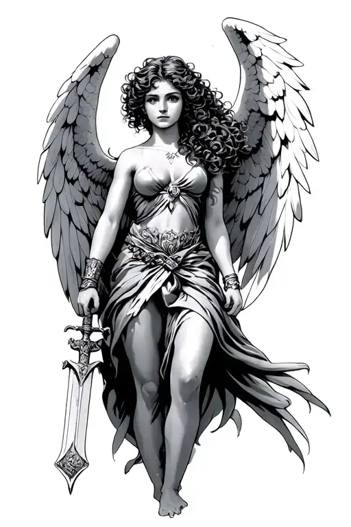 Tan Female Angel With Curly Hair Holding A Sword