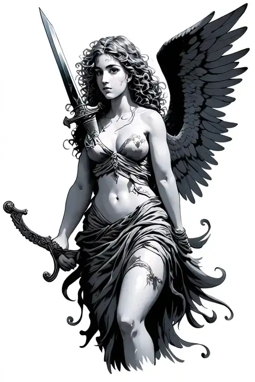 Female Angel With Curly Hair Holding A Sword