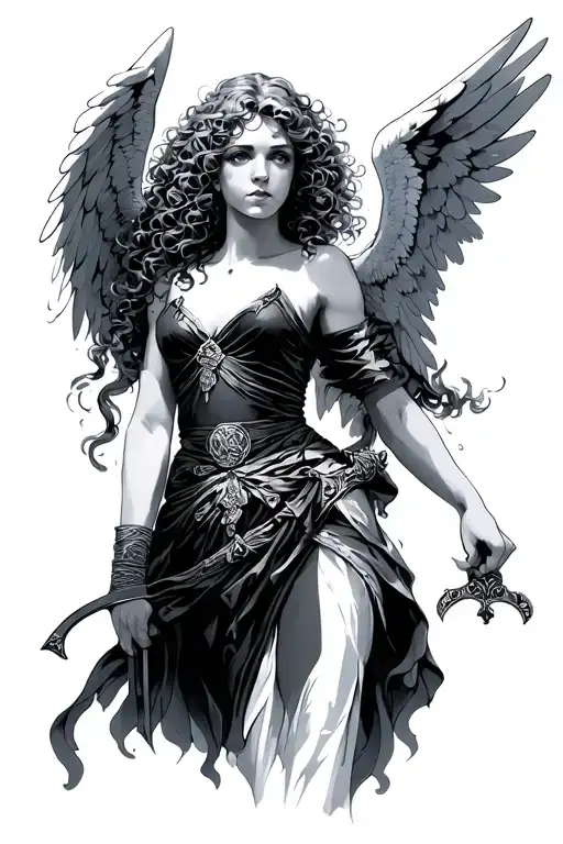 Female Angel With Curly Hair Holding A Sword