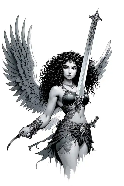 Female Latina Angel With Curly Hair Holding A Sword