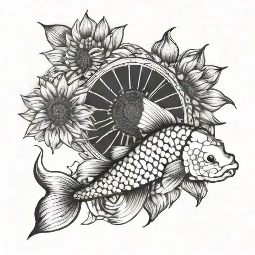 Koi Fish And Sunflower