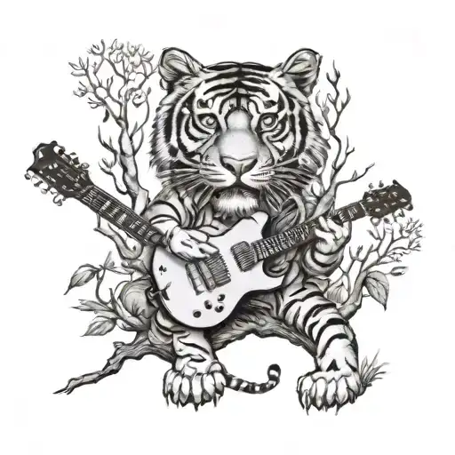 A Tiger Playing A Guitar In A Forest Filled With Musical Instruments Hanging From Trees