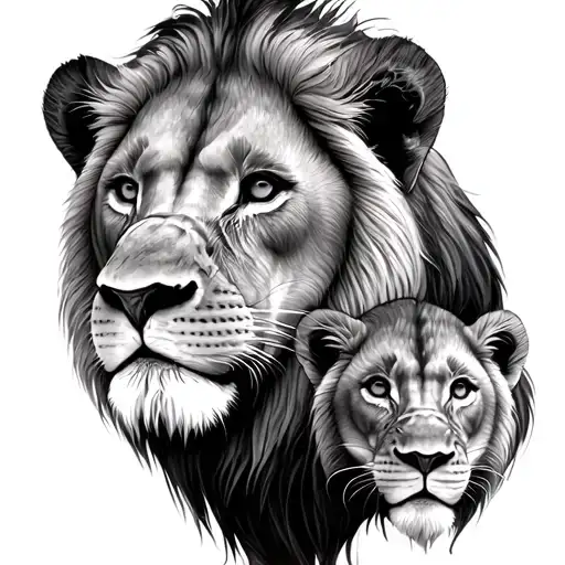 Father Lion With 2 Cubs Face Only