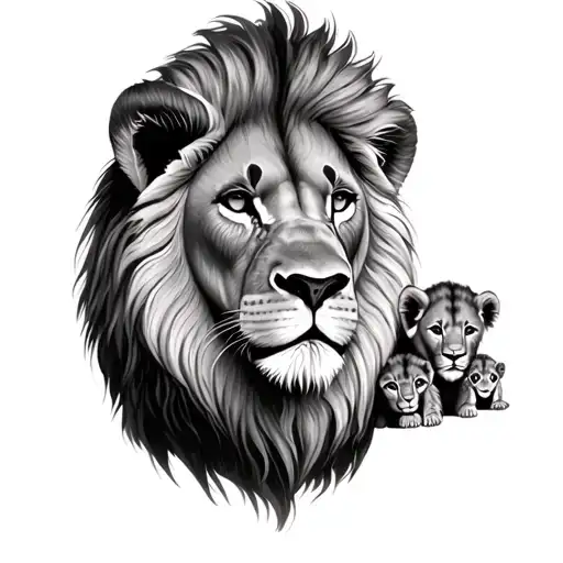 Father Lion With 3 Cubs Face Only Way