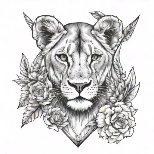 Lioness With Lion Cubs Flower Separated By An Arrow